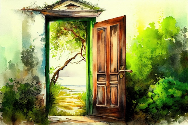 Porte en bois ouverte sur le nouveau monde avec un environnement vert Concept de changement climatique Ai générative