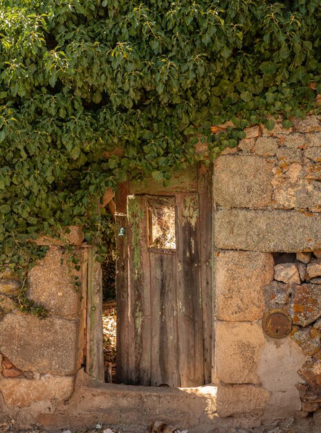 Porte en bois ouvrant sur jardin de maison en pierre dans l'ancienne ville de Castelo Rodrigo au Portugal