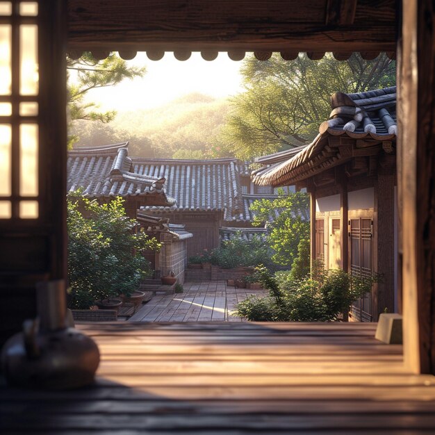 Photo une porte en bois avec un toit de style chinois et un petit bâtiment avec une petite fenêtre