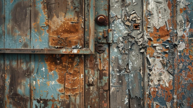 Une porte en bois usée avec de la peinture qui se détache révélant un aperçu d'un entrepôt industriel abandonné