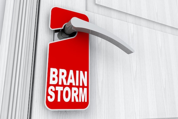 Porte avec Brain Storm Sign sur Ne pas déranger Tag gros plan extrême. Rendu 3D