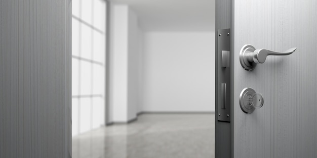 Porte de bureau ou d'appartement avec porte ouverte flou fond de pièce vide illustration 3d