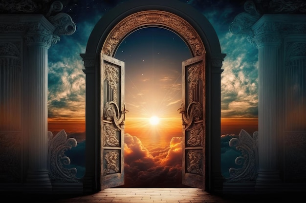 Porte céleste avec le lever ou le coucher du soleil en arrière-plan symbolisant le début d'une nouvelle journée
