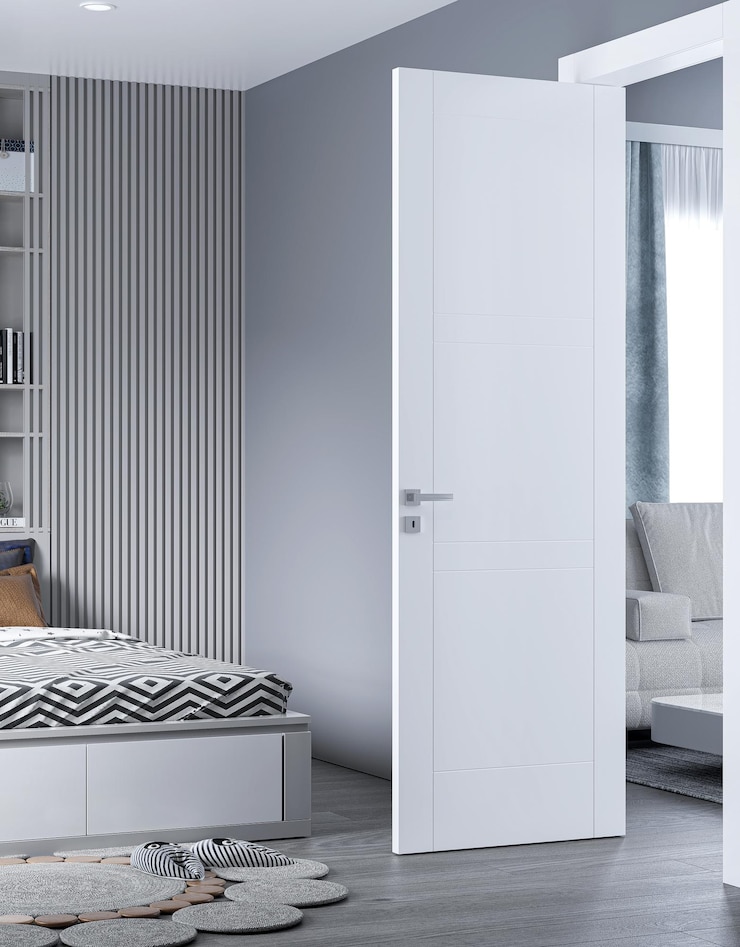 Photo porte de la chambre avec lit du salon avec moquette et mur gris porte blanche avec moquette intérieure