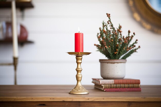 Un porte-chandeliers en laiton vintage avec une bougie de pilier rouge