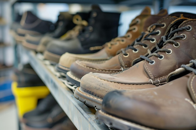 Un porte-chaussures en acier avec des chaussures de travail uniformes en rangée