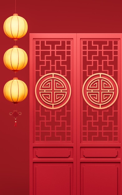 Photo porte chinoise antique avec le rendu 3d de lanternes de lueur