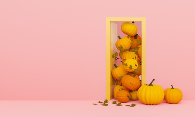 Porte avec citrouilles et feuilles d'automne