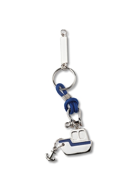Un porte-clés bleu et blanc avec une corde bleue qui dit "bateau" dessus