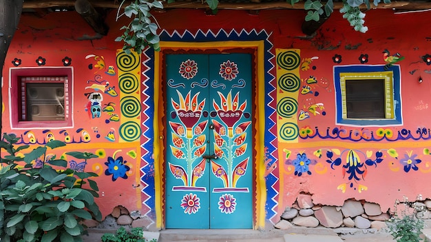 Une porte colorée peinte à la main avec des dessins floraux intricats et des couleurs vives