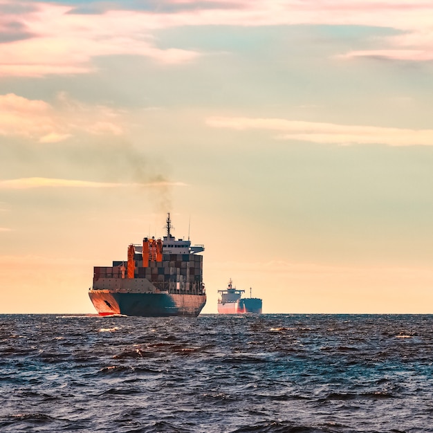 Porte-conteneurs bleu. Logistique mondiale et transfert de production