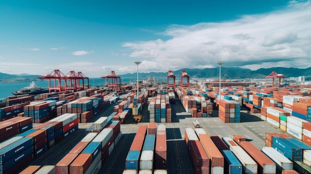 Un porte-conteneurs dans un port avec un ciel bleu en arrière-plan