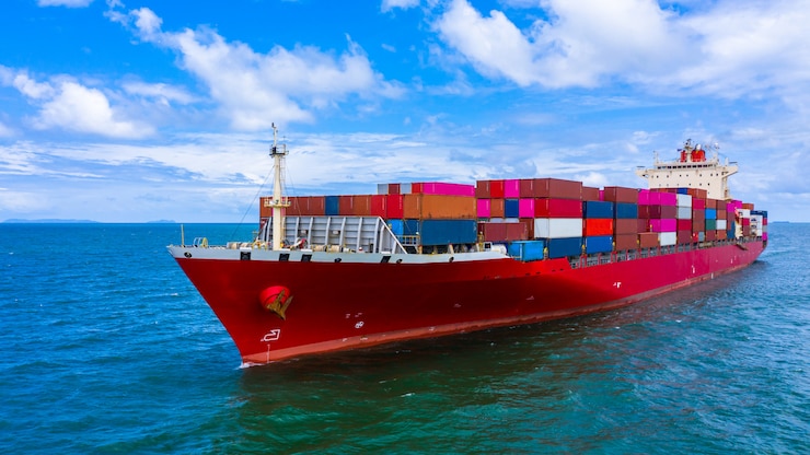Photo porte-conteneurs transportant des conteneurs pour l'importation et l'exportation de fret commercial.