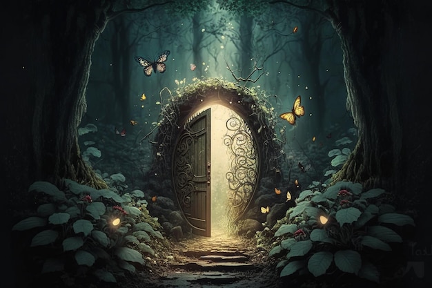 Une porte dans une forêt sombre avec un papillon sur la porte.