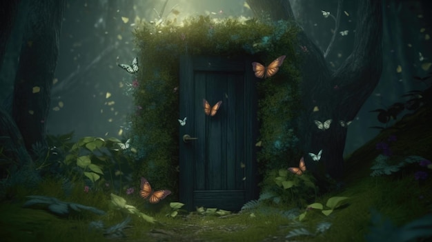 Une porte dans une forêt sombre avec des papillons sur la porte.