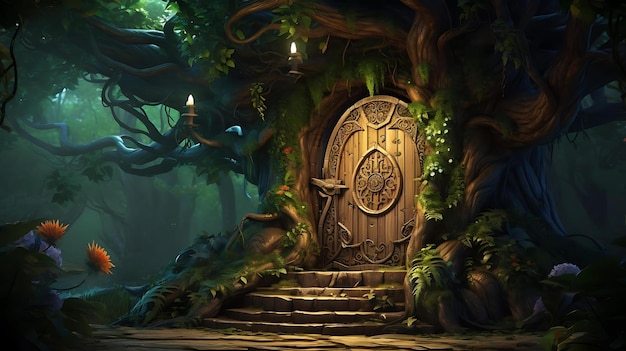 Une porte dans une jungle avec un panneau qui dit "le monde"