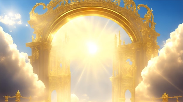 Photo la porte dorée dans les nuages brille de mille feux l'entrée de la génération ia du royaume de dieu