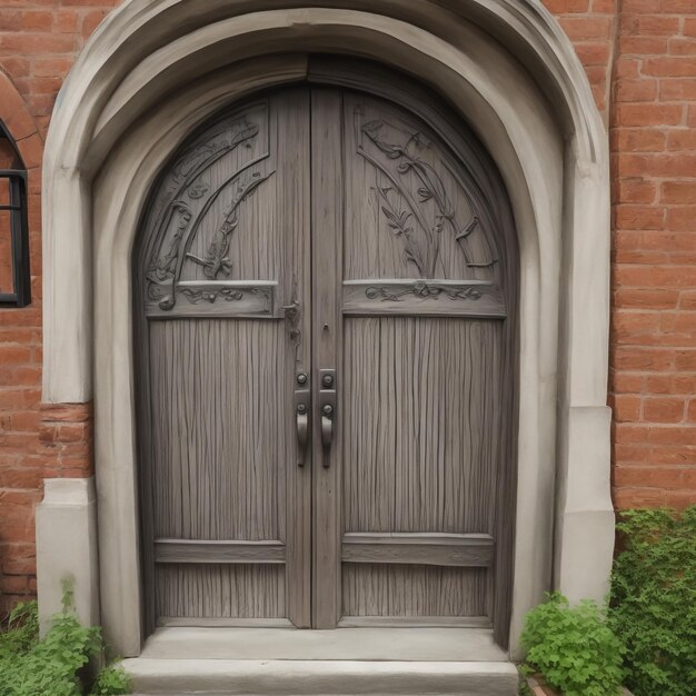 Porte d'entrée d'un ancien petit bâtiment Porte en bois sculptée simplement marron avec fenêtre de forme ronde