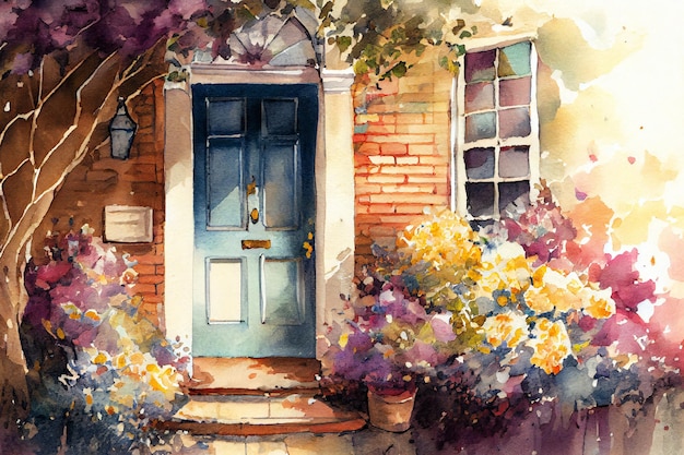 Porte d'entrée avec aquarelle de fleurs