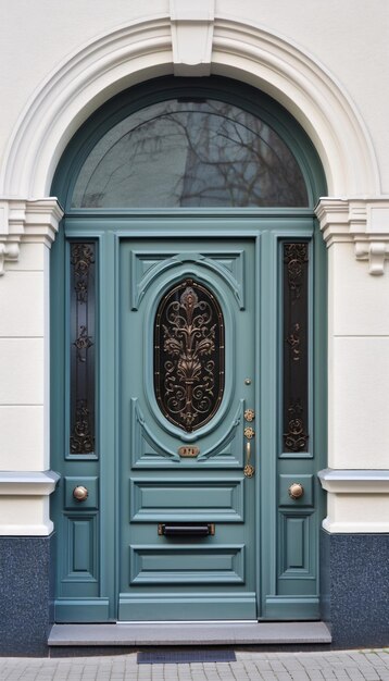 Photo porte d'entrée en bois bleu vintage avec vitraux sur la façade du bâtiment générée par l'ia