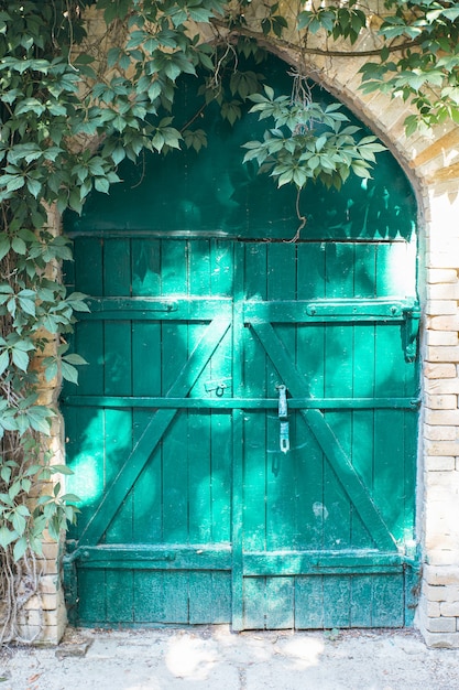 Porte d'entrée extérieure en bois vert vintage du bâtiment en brique. Concept d'architecture antique, conception