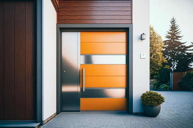 Porte d'entrée moderne en métal jaune d'une maison IA générative