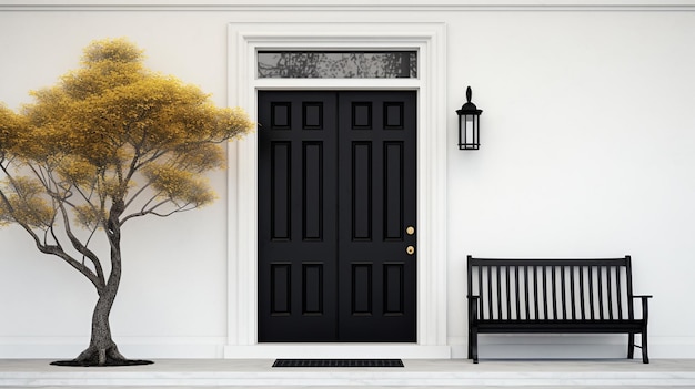 La porte d'entrée noire de la maison blanche, l'arbre et le banc.