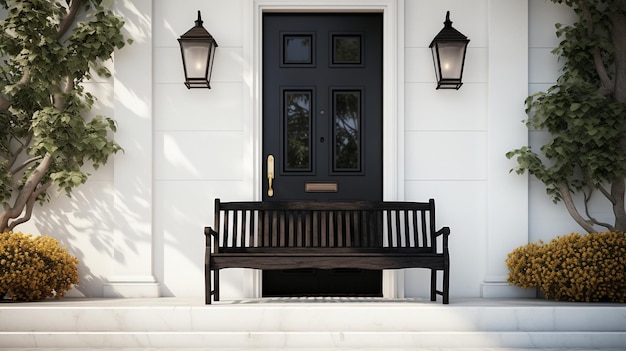 La porte d'entrée noire de la maison blanche, l'arbre et le banc.