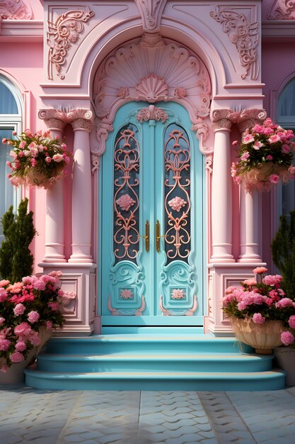 Porte d'entrée rose et bleue avec fleurs roses et plantes en pot IA générative