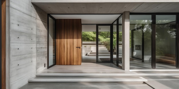 Porte d'entrée et section passerelle d'une maison en béton moderne