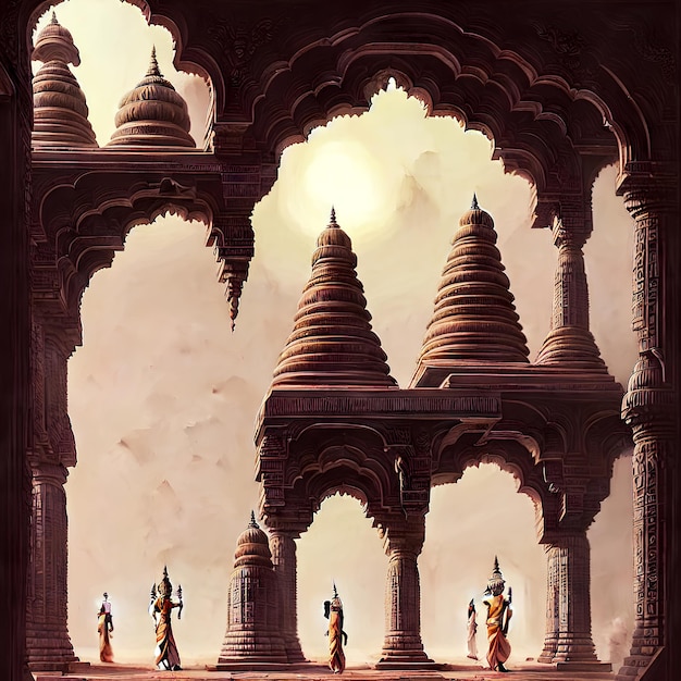 Porte d'entrée vers d'autres dimensions dans une ancienne œuvre conceptuelle inquiétante d'un temple indien