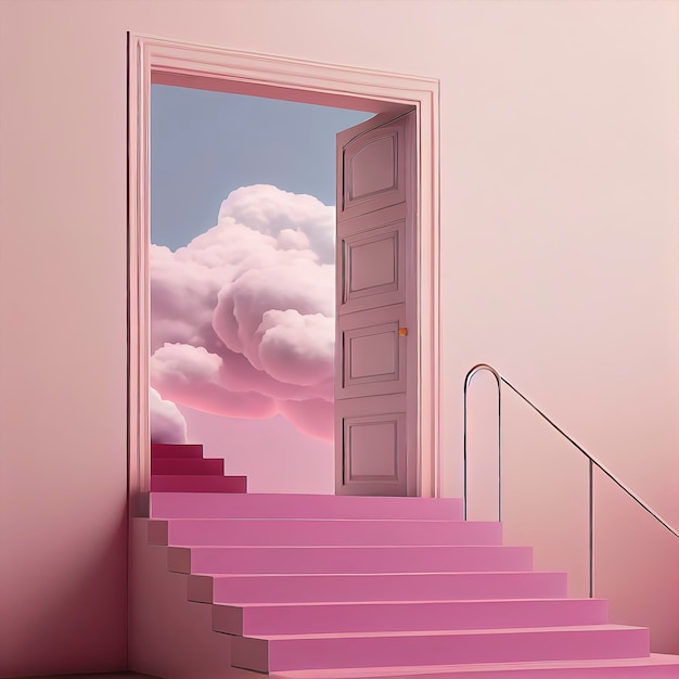 Porte et escalier en nuages roses