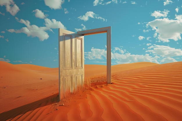 Une porte est ouverte dans un désert avec une grande voûte au milieu.