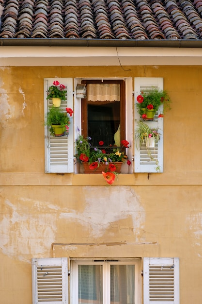 Porte-fenêtre avec fleurs suspendues