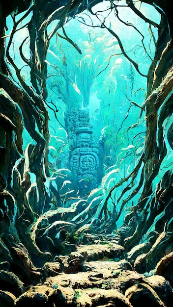 Porte forestière de style maya sous l'illustration 3D de la mer