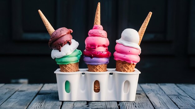 Photo un porte-glace blanc avec des cônes de crème glacée colorés