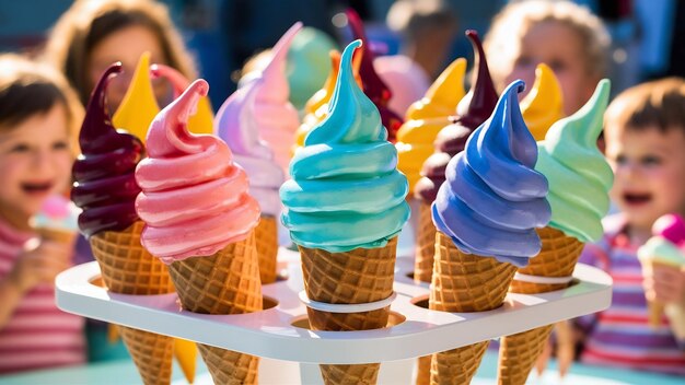 Photo un porte-glace blanc avec des cônes de crème glacée colorés