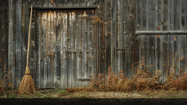 Photo porte de grange en bois rustique avec un balai et des plantes séchées devant elle la porte est faite de planches de bois horizontales avec des charnières en métal rouillé