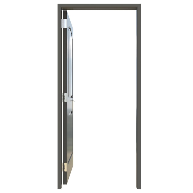 Porte grise Une porte qui a été ouverte représentée dans un environnement isolé blanc pur