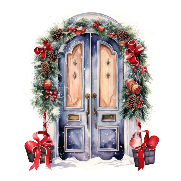 Porte d'hiver avec des décorations de noël aquarelle clipart isolé fond blanc