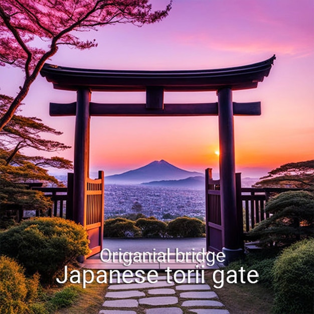 une porte japonaise avec un ciel rose et un fond rose