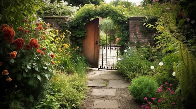 Une porte de jardin est ouverte sur un jardin.