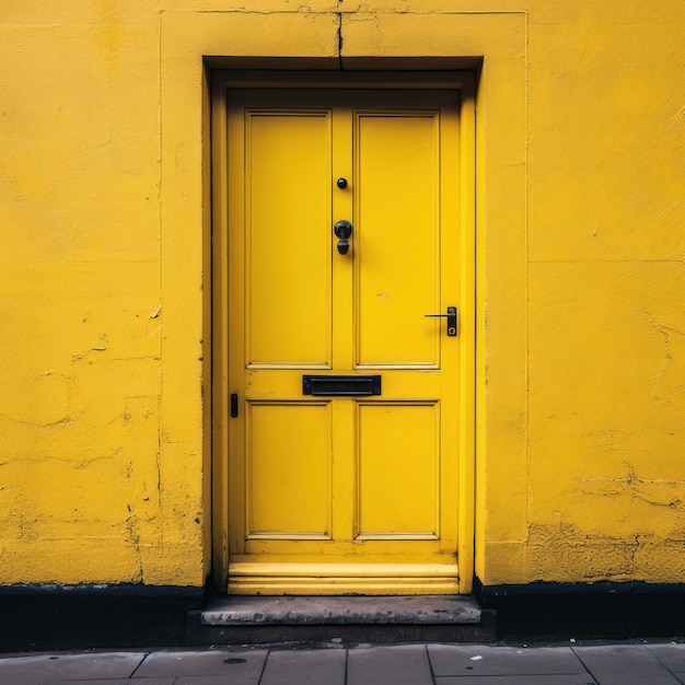 Une porte jaune vif sur un mur jaune plâtré et peint