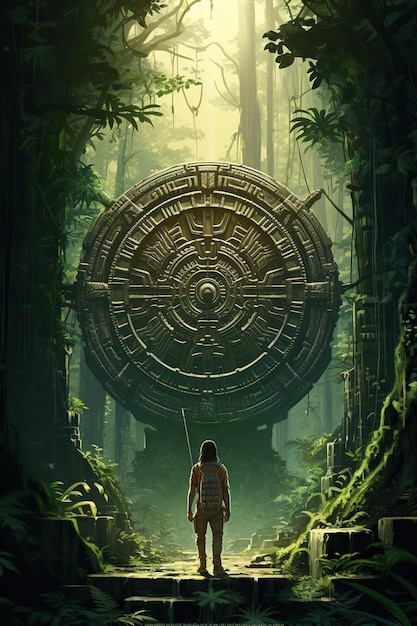 Une porte maya dans la forêt Un aventurier dans une forêt tropicale verte découvrant un passage secret Un explorateur traversant une porte secrète