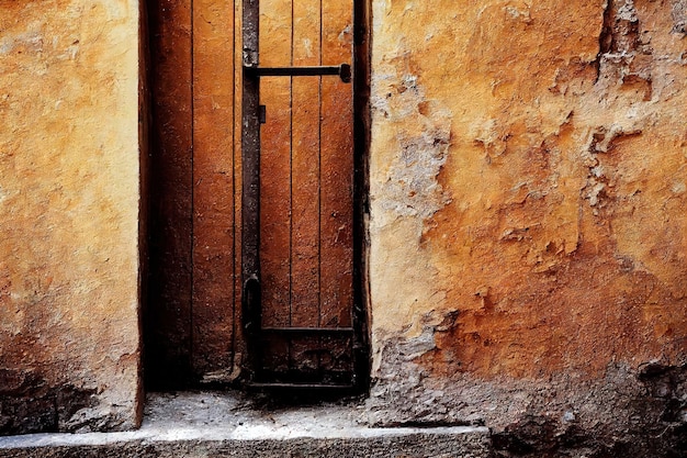 Porte médiévale en bois rouillée contre un mur orange avec du plâtre gris