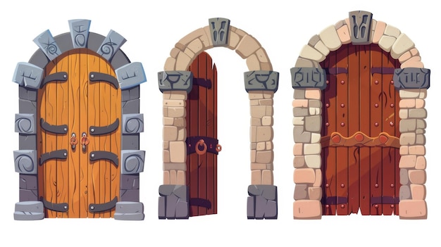 Une porte médiévale d'un château ou d'un donjon ornée de jambes de brique de pierre, de décoration en fer et d'une poignée en bois.