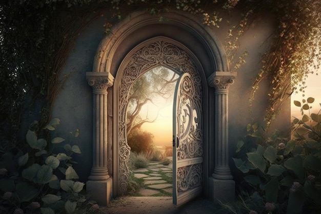 Porte menant à l'au-delà glorieux avec de beaux jardins et un ciel cristallin