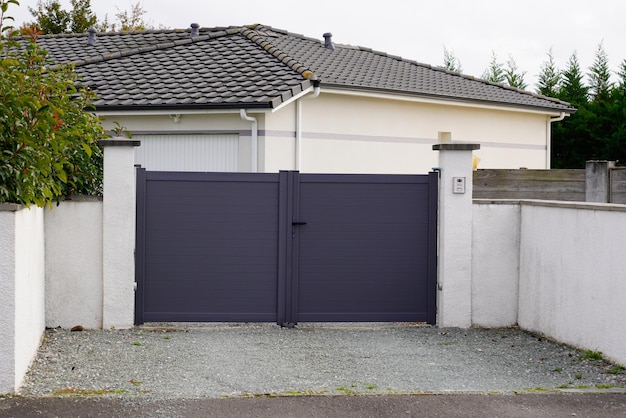 Porte en métal gris aluminium de l'entrée de la maison de banlieue moderne