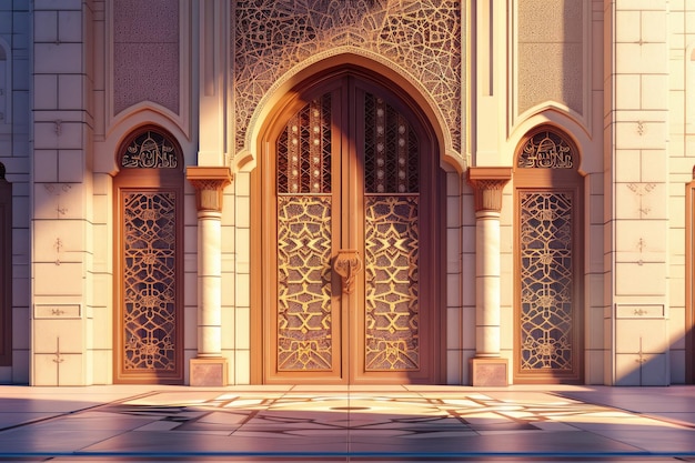 La porte de la mosquée au coucher du soleil La mosquée est décorée de motifs islamiques