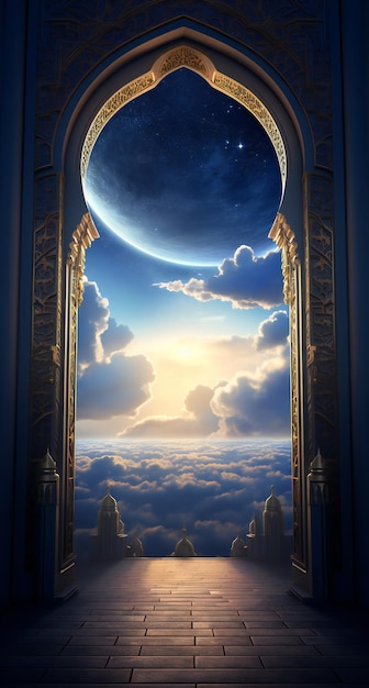 Porte mystique au ciel avec la lune et les nuages